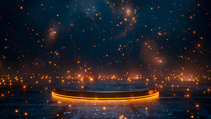 Obraz premium Abstract background with glowing particles and a futuristic circular platform, creating a sci-fi ambiance with golden light elements.