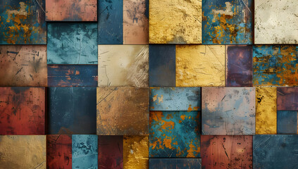 Abstract colorful patchwork. Mixed textures of rustic metal and painted surfaces. Vibrant mosaic with rich hues creating a visually striking composition.
