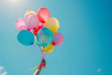 Vibrant and colorful balloons soar against a clear blue sky, evoking feelings of celebration, joy, and freedom. The uplifting sight symbolizes fun, happiness, and a festive atmosphere