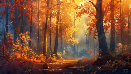 Beautiful autumn forest with vibrant orange and yellow leaves, sun rays shining through the trees, and a peaceful pathway leading into the distance.