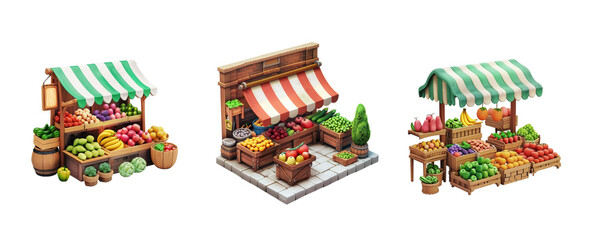 set of fruit market, market store collection, 3d stylized model, game art, transparent background