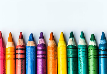 Colorful crayons arranged in a straight line on a white background, showcasing a vibrant spectrum suitable for art and education themes.