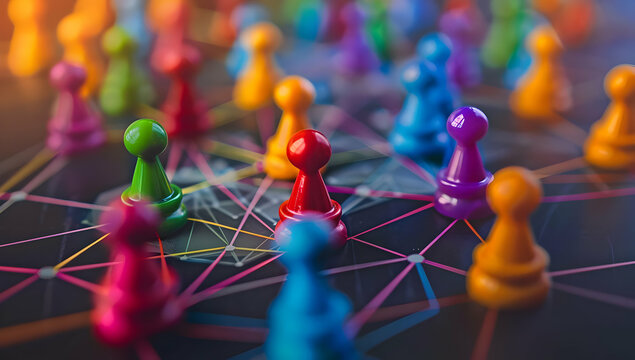 Colorful game pieces interconnected by lines, representing social network, communication, and collaboration on a dark surface.