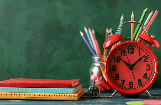 Colorful school supplies including books, pencils, and a red alarm clock in front of a green chalkboard for education concepts.