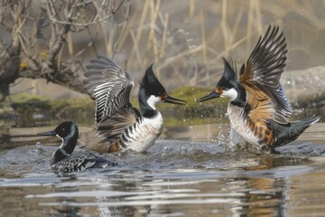 Obraz premium A Hooded Merganser displays and shows off for a competing male and a lady Merg.