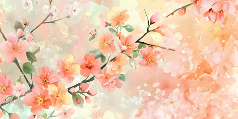 Fototapeta premium Elegant watercolor painting showcasing pink cherry blossoms on delicate branches, ideal for spring-themed designs and backgrounds.