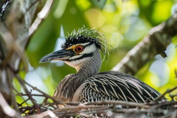 Obraz premium A Juvenile Yellow Crowned Night Heron in the nest with Mom