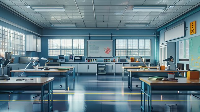 A modern and futuristic physics classroom with minimalist desks and technology.