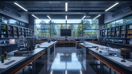 Obraz premium Minimalistic physics classroom with desks and advanced equipment for schoolchildren.