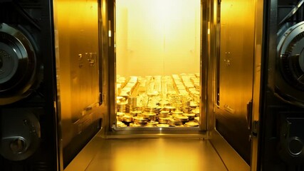 Unlock a secure vault to reveal a vast fortune of gold coins and bars - Powered by Adobe