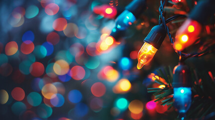Christmas lights on a Christmas tree with colorful bokeh background