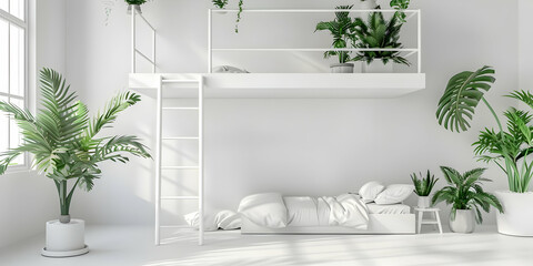 Modern minimalist white bedroom with loft bed, green indoor plants, natural light, and soothing decor for a tranquil living space.