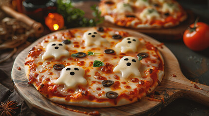 Pizza with ghosts and mozzarella cheese on a wooden background