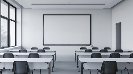 Minimalist classroom featuring clean white desks, dark grey chairs, and a plain wall-mounted screen