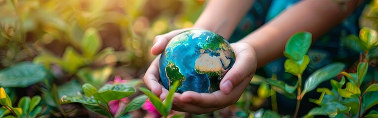 Small Hands Holding Vibrant Earth Surrounded by Greenery