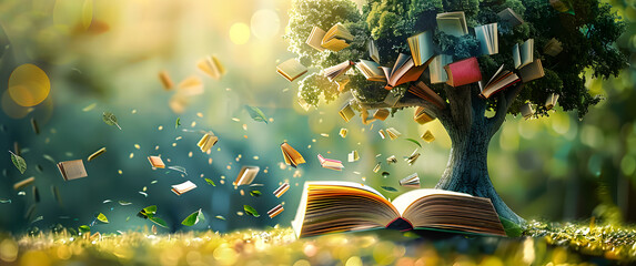 International literacy day concept with tree with books like leaves