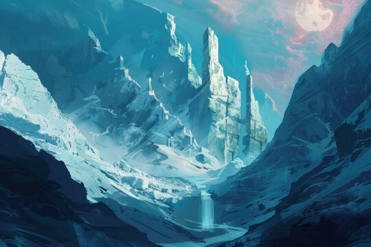 Mystical icy mountains with ruins and a waterfall under twin moons