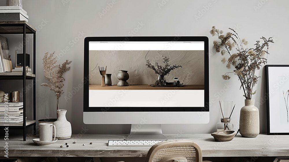Wall mural modern home office desk with computer displaying website design