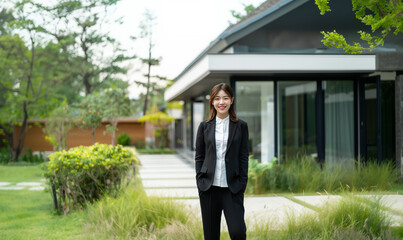 Professional Chinese woman realtor. Asian female real estate agent. Chinese woman real estate agent smiling.
