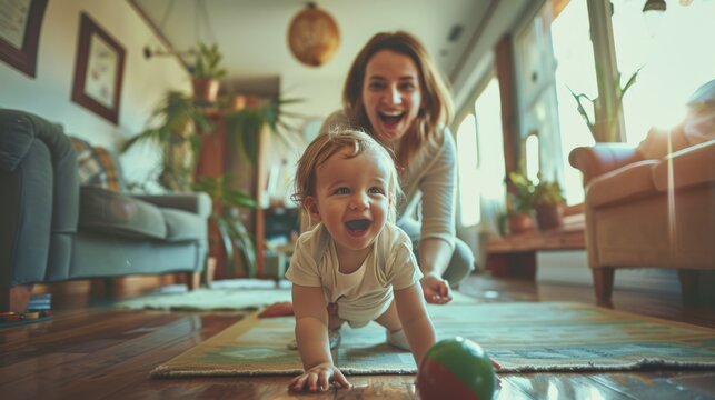 Photo of happy young mother having fun with her little son in the house at home.