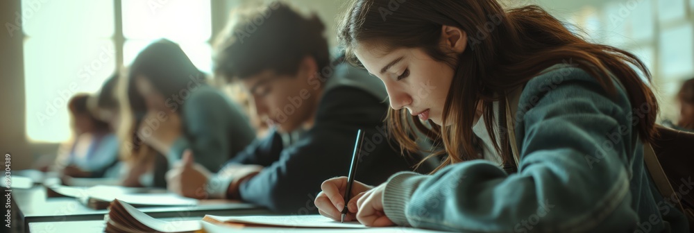 Poster a group of students are focused and engaged in their classroom, taking a test. they are determined, 