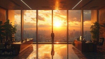 A Man Standing In an Office Looking out a Window at the Sun Setting Behind Him - Generative AI