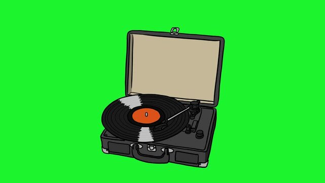 animation of vinyl record spinning on turntable in cartoon style. looped mode, isolated in green screen
