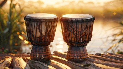 Two Djembes Sitting on Top of a Wooden Table in Front of a Body of Water - Generative AI
