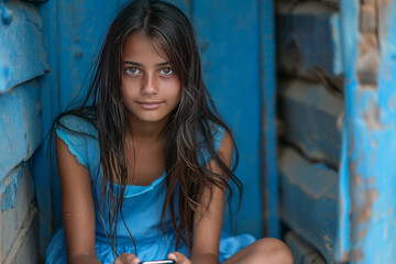 Naklejka premium indian village teenage girl sitting in school uniform with phone in her hand.generative ai