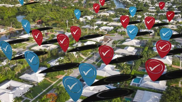 American politics. Aerial hyperlapse with divided Republican and Democrat voters. Mail in ballots, presidential election theme. Florida neighborhood with diverse political positions.