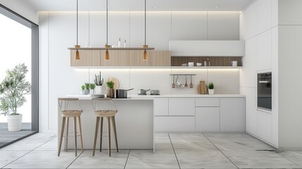 Minimalist kitchen with clean white surfaces and light wooden accents