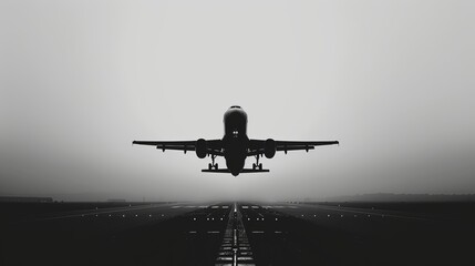 The plane takes off, silhouetted against the sky.