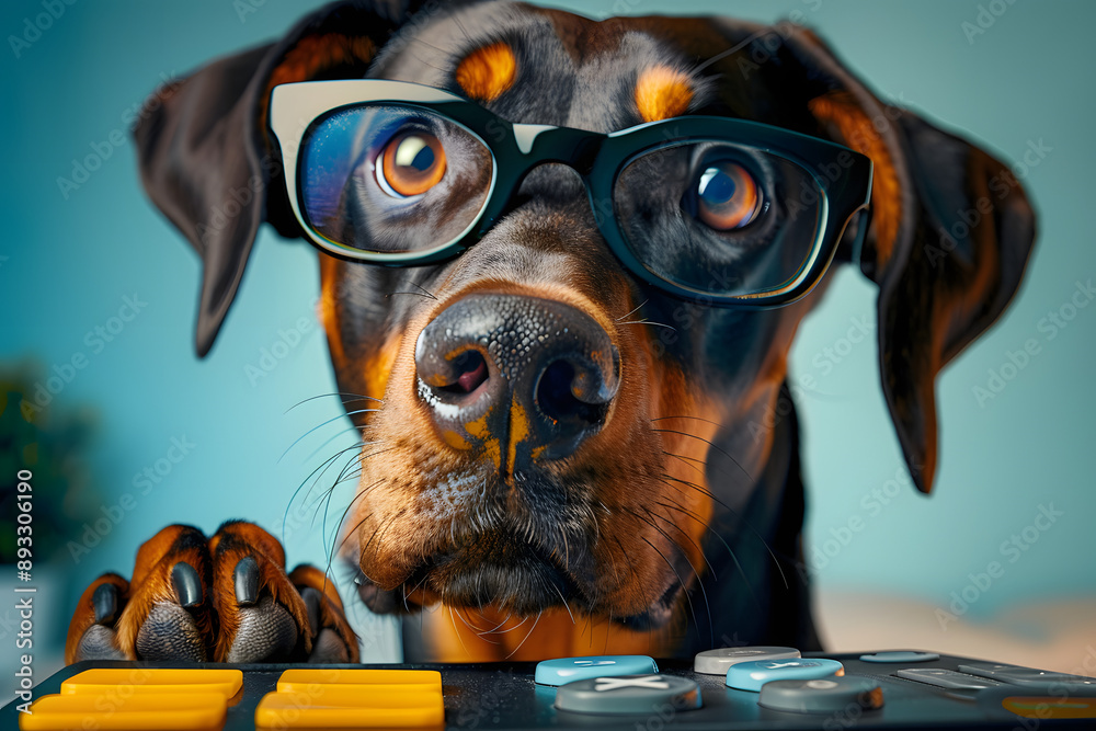 Sticker cute doberman dog in glasses with surprised eyes counting taxes, created with 