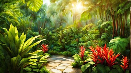 Fototapeta premium Lush tropical jungle with exotic plants and flowers, bathed in warm sunlight and vibrant colors