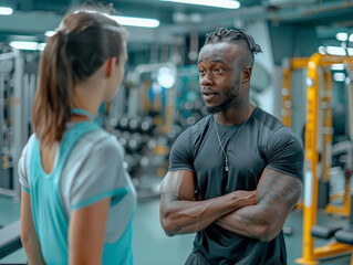 Personal Trainer Discussing Workout Routine With Female Client in Modern Gym