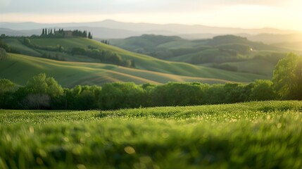 Fototapeta premium Serene Tuscany Landscape with Blurred Rolling Hills and Ample Copy Space
