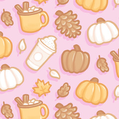 Fall autumn seamless pattern illusstration, mug, pine, leaves, pumpkin, pink