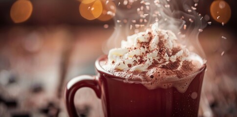 A mug of hot chocolate steams invitingly, topped with a generous swirl of whipped cream and a sprinkle of cocoa. 