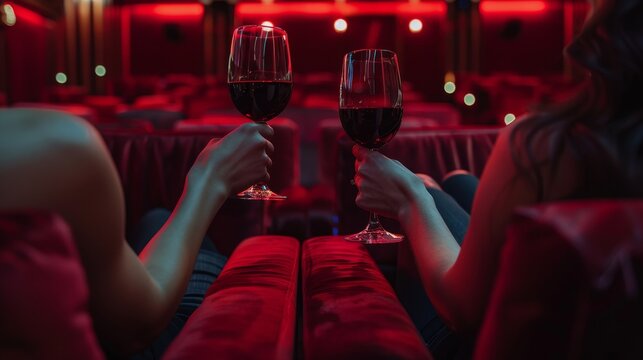 Young romantic loving couple raise glasses of champagne and watching movie in cinema,Hands clinking glasses of wine,bokeh pink heart in cinema,romantic spending time,valentine day.