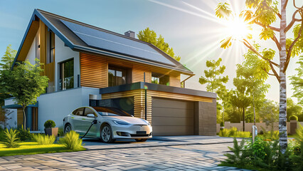A beautiful ecofriendly house with solar panels, an electric car charging station, lush landscaping, promoting sustainable living and energy efficiency