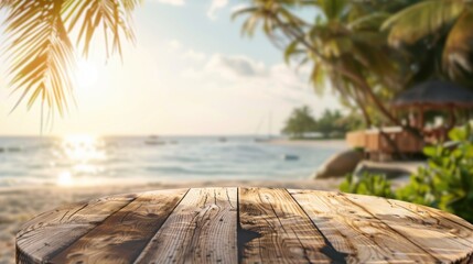 A wooden deck overlooking a tropical beach with palm trees and a bright sun, perfect for vacation and summer themes.