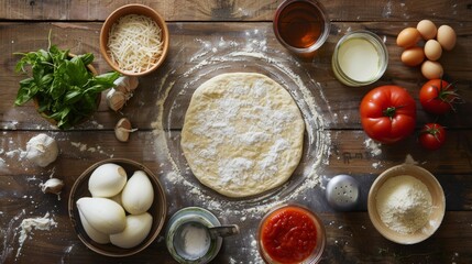 Photo of ingredients for pizza, before baking, on a wooden table, top view, step-by-step recipe.