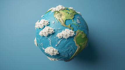 A 3D illustration of the Earth is set on a blue background. The globe shows a simplified map of the continents and oceans with white clouds and green landmasses.