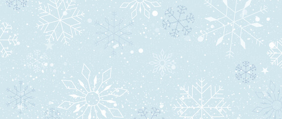 Elegant winter snowflake background vector illustration. Decorative snowflake and snowfall on light blue background. Design suitable for invitation card, greeting, wallpaper, poster, banner.