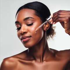 Obraz premium Brown Skinned Woman holding a Pipette with Skincare Serum - Applying Serum to her Face - Hyaluronic Acid, Anti Aging, Moisturiser, Repair, Hydrating, Vitamin, Ascorbic, Retinol, Exfoliant, Azelaic