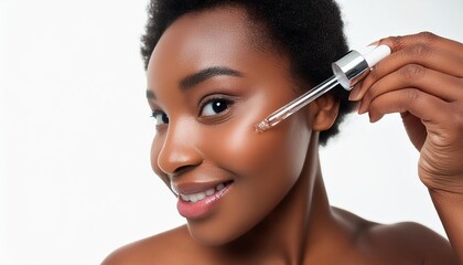 Fototapeta premium Brown Skinned Woman holding a Pipette with Skincare Serum - Applying Serum to her Face - Hyaluronic Acid, Anti Aging, Moisturiser, Repair, Hydrating, Vitamin, Ascorbic, Retinol, Exfoliant, Azelaic