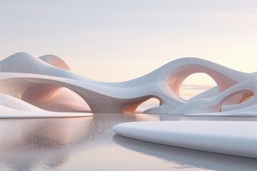 Obraz premium A futuristic, white, architectural structure with arches reflects in calm water at sunset