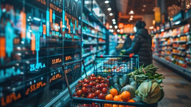 People shopping in a grocery store with an overlaid stock market graph. The graph displays fluctuating financial data