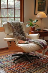 A white leather armchair with a plaid throw blanket rests on a colorful rug