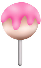A creamy pink lollipop ball with pink color flowing drop on the top of ball with a white-grey stick holder.